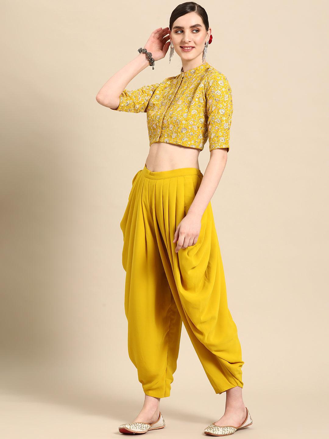 Mustard Embroidered Georgette Dhoti Saree