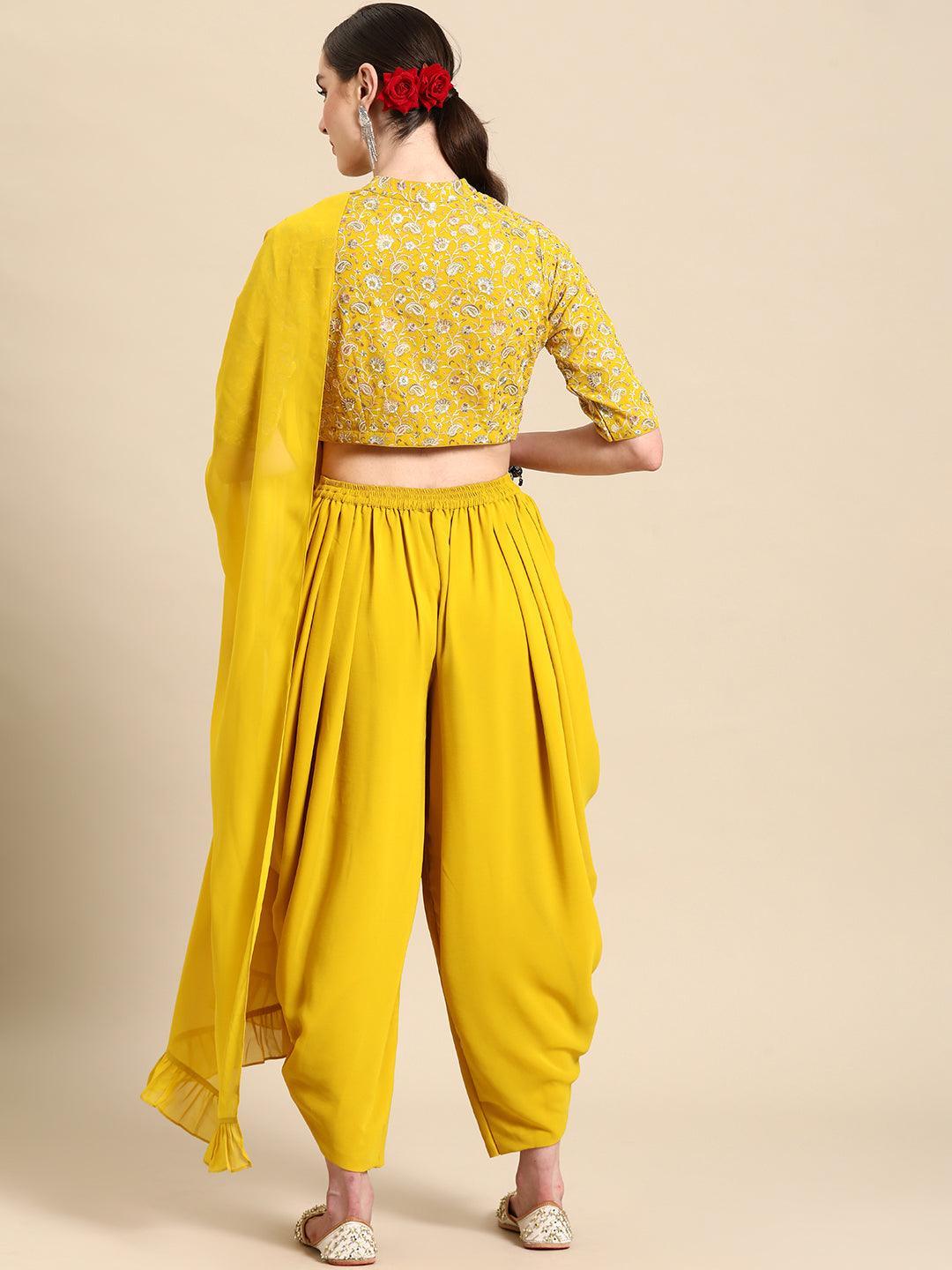 Mustard Embroidered Georgette Dhoti Saree