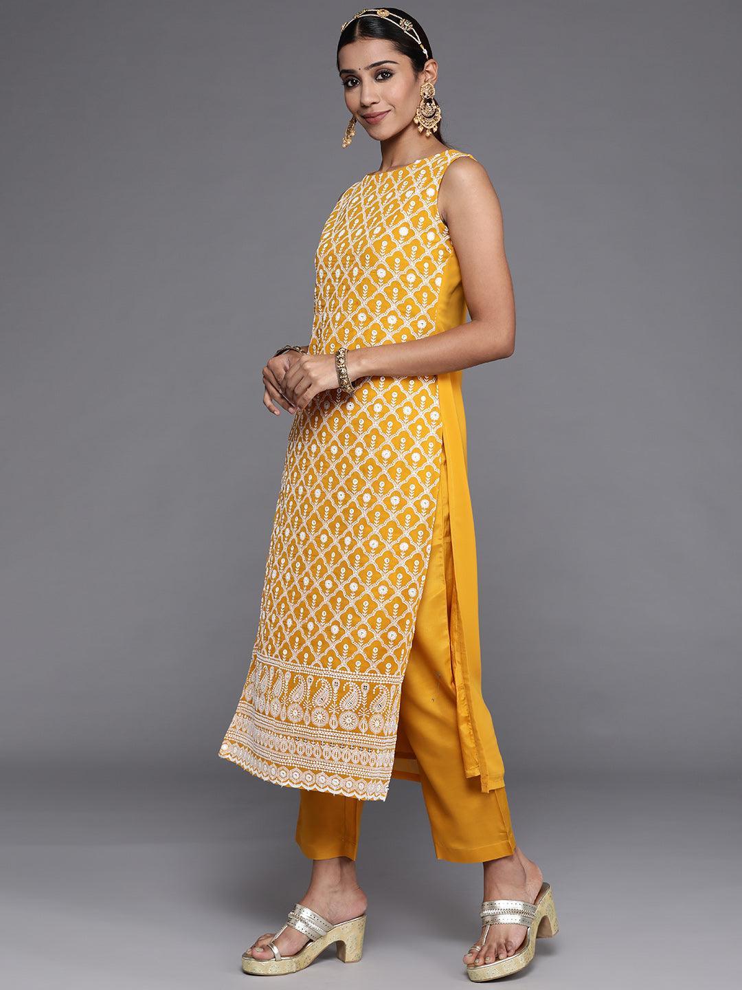 Mustard Embroidered Georgette Straight Kurta With Dupatta