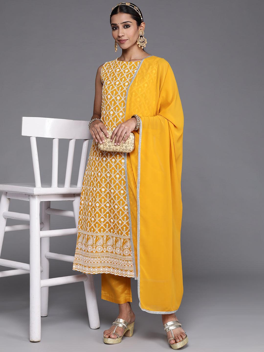 Mustard Embroidered Georgette Straight Kurta With Dupatta