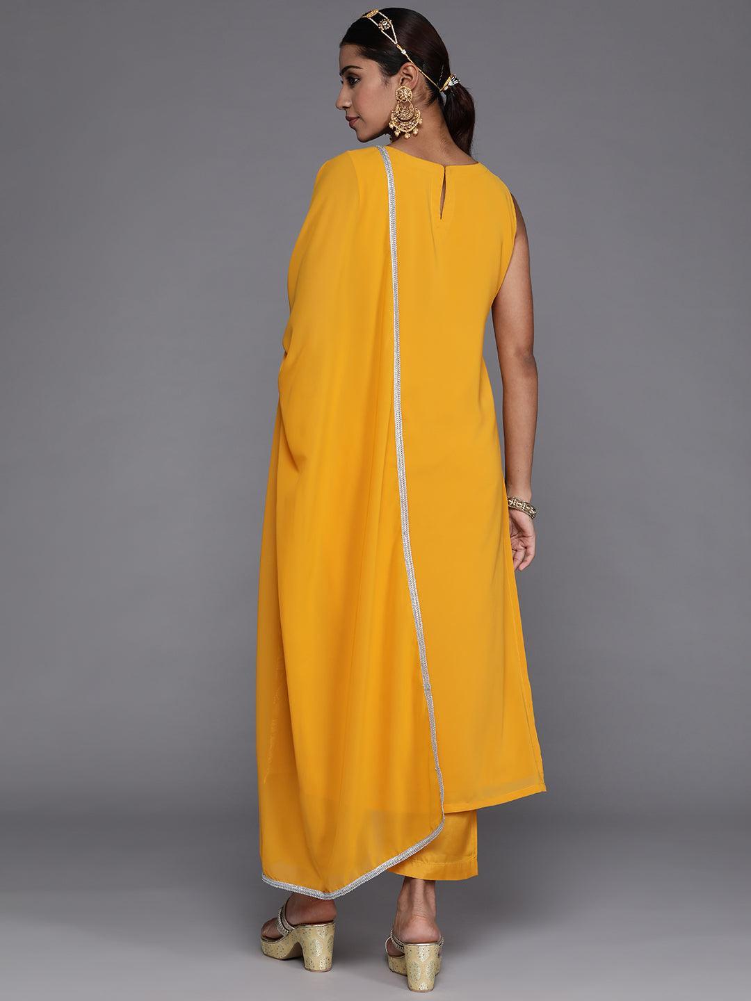 Mustard Embroidered Georgette Straight Kurta With Dupatta