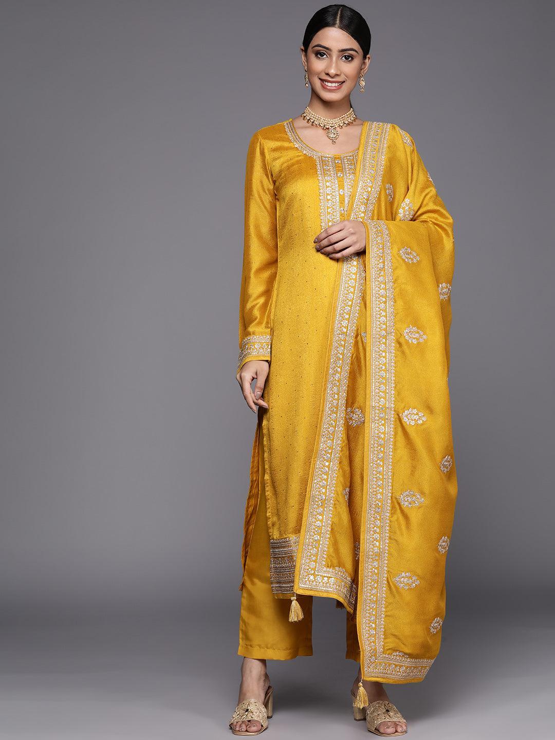 Mustard Embroidered Silk Blend Straight Suit Set - ShopLibas