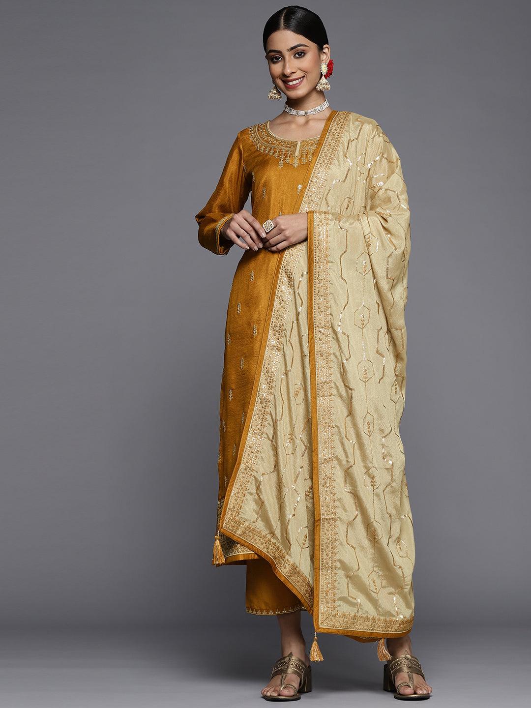 Mustard Embroidered Silk Blend Straight Suit Set