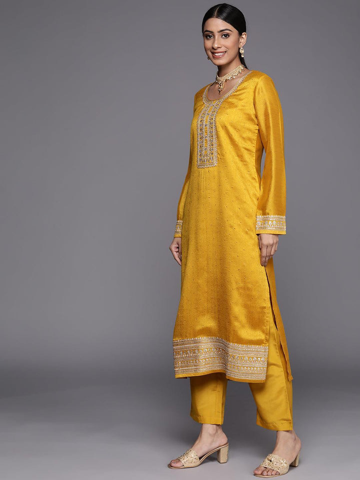 Mustard Embroidered Silk Blend Straight Suit Set - ShopLibas