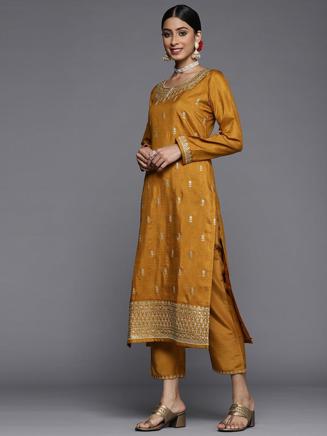 Mustard Embroidered Silk Blend Straight Suit Set