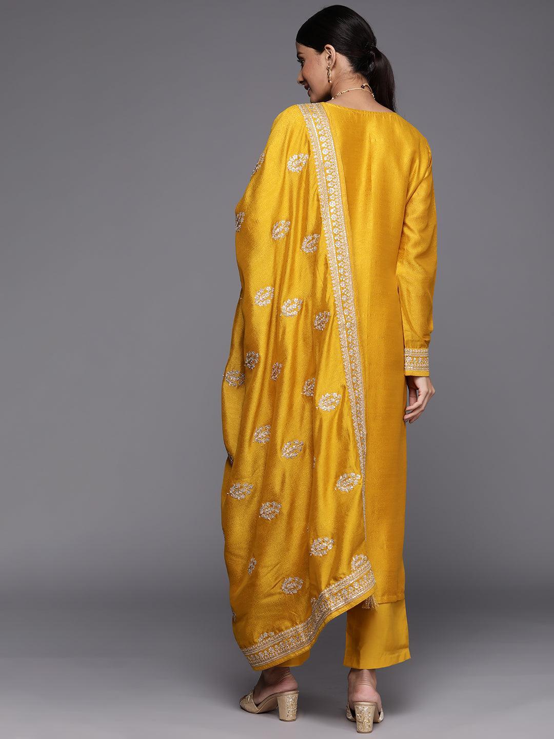 Mustard Embroidered Silk Blend Straight Suit Set - ShopLibas