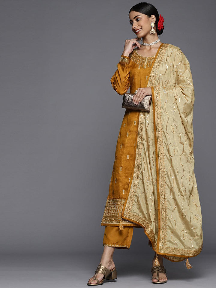 Mustard Embroidered Silk Blend Straight Suit Set - ShopLibas