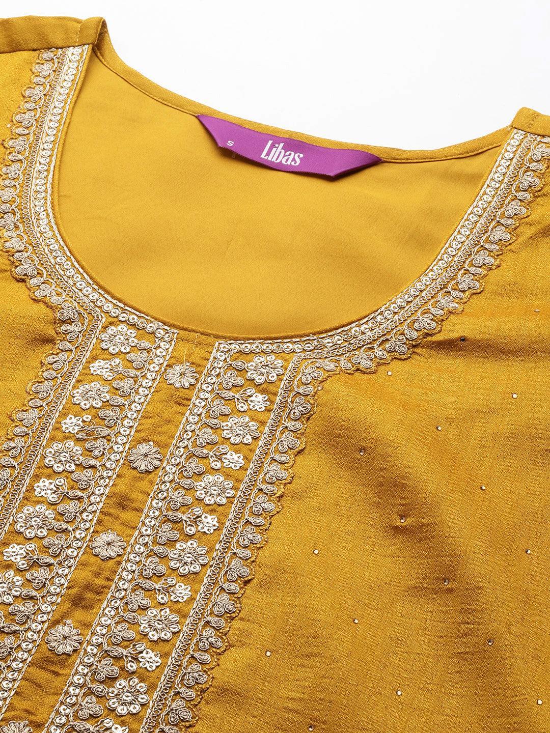 Mustard Embroidered Silk Blend Straight Suit Set - ShopLibas