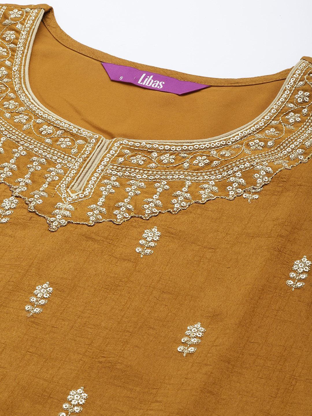 Mustard Embroidered Silk Blend Straight Suit Set - ShopLibas