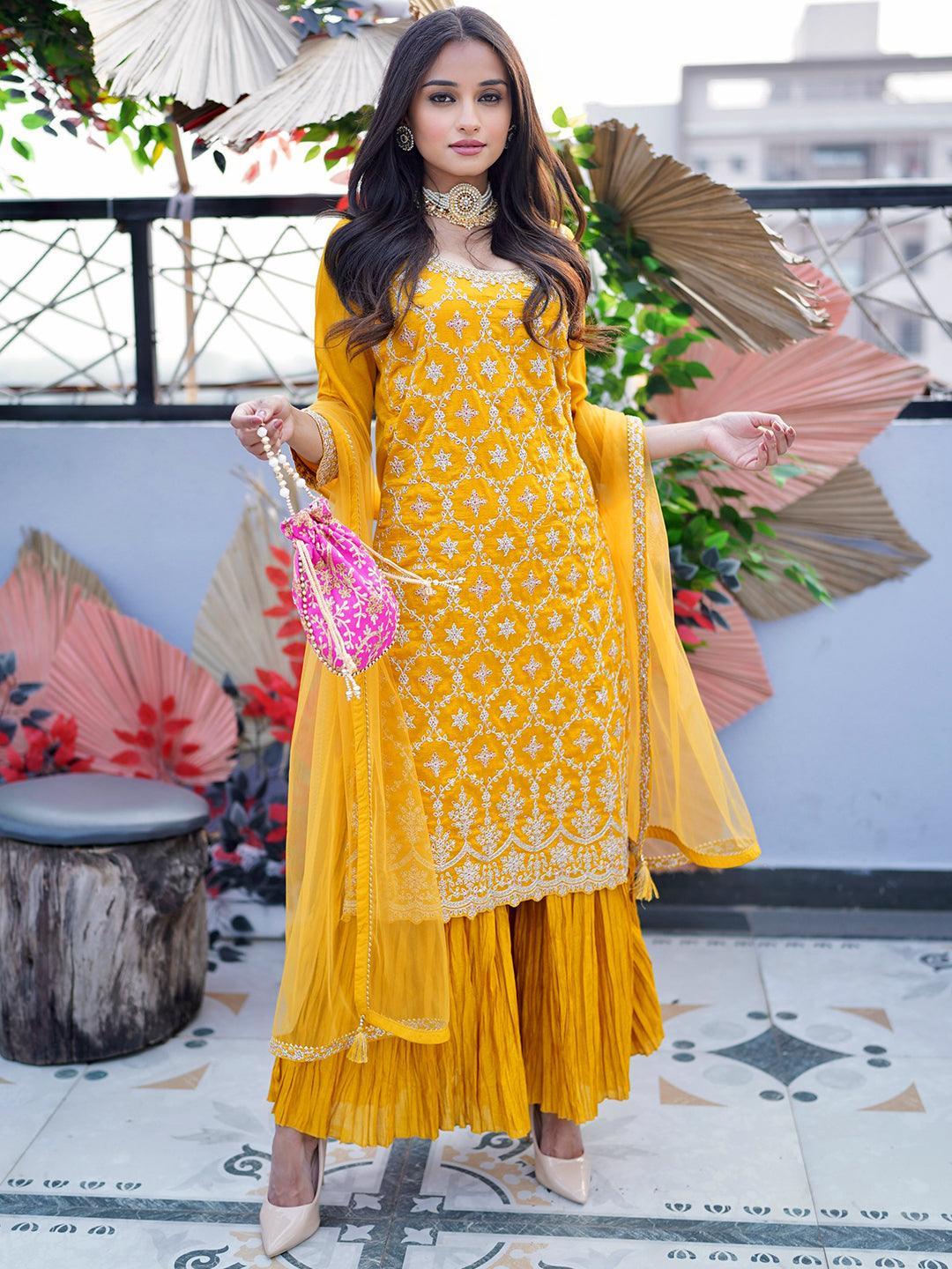 Mustard Embroidered Silk Blend Straight Suit Set