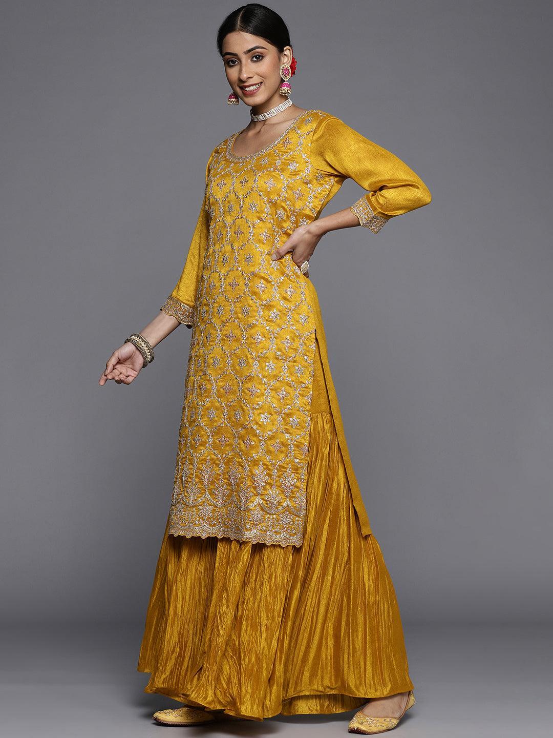 Mustard Embroidered Silk Blend Straight Suit Set