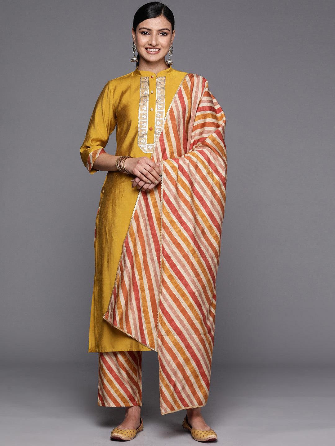 Mustard Embroidered Silk Blend Straight Suit Set With Trousers