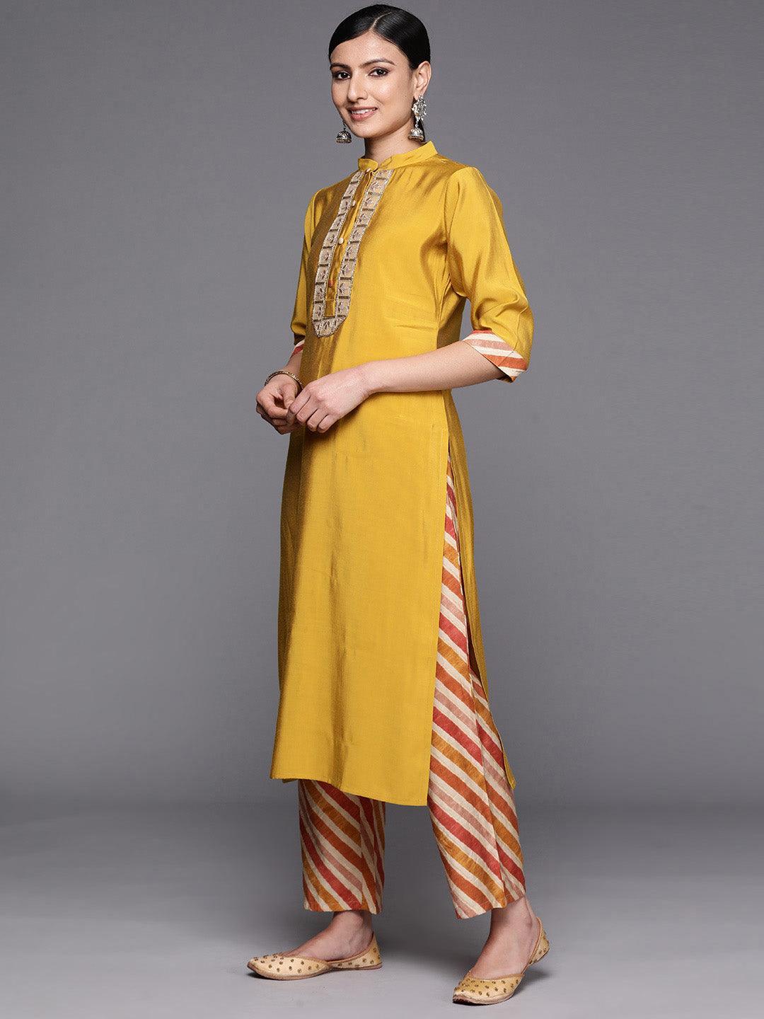 Mustard Embroidered Silk Blend Straight Suit Set With Trousers