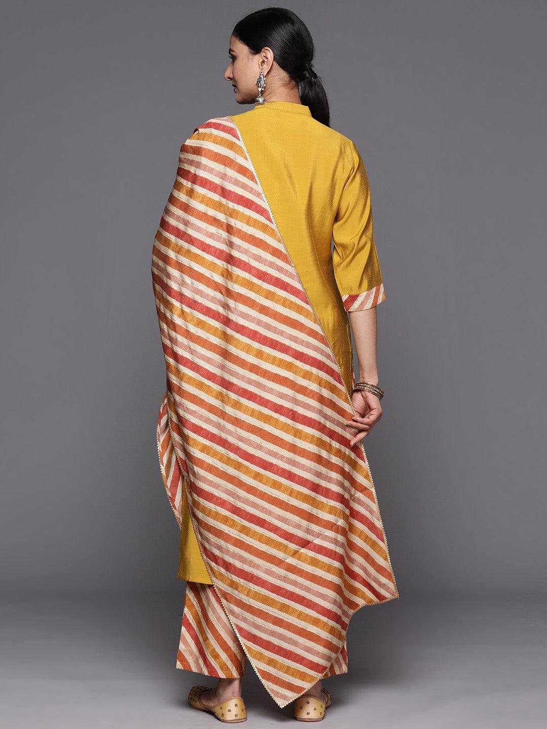 Mustard Embroidered Silk Blend Straight Suit Set With Trousers