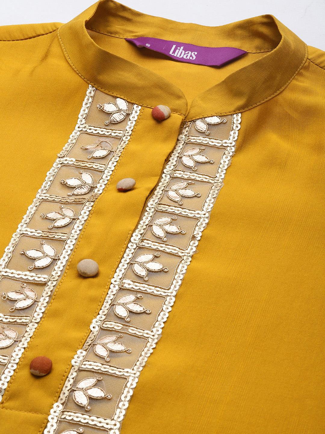 Mustard Embroidered Silk Blend Straight Suit Set With Trousers