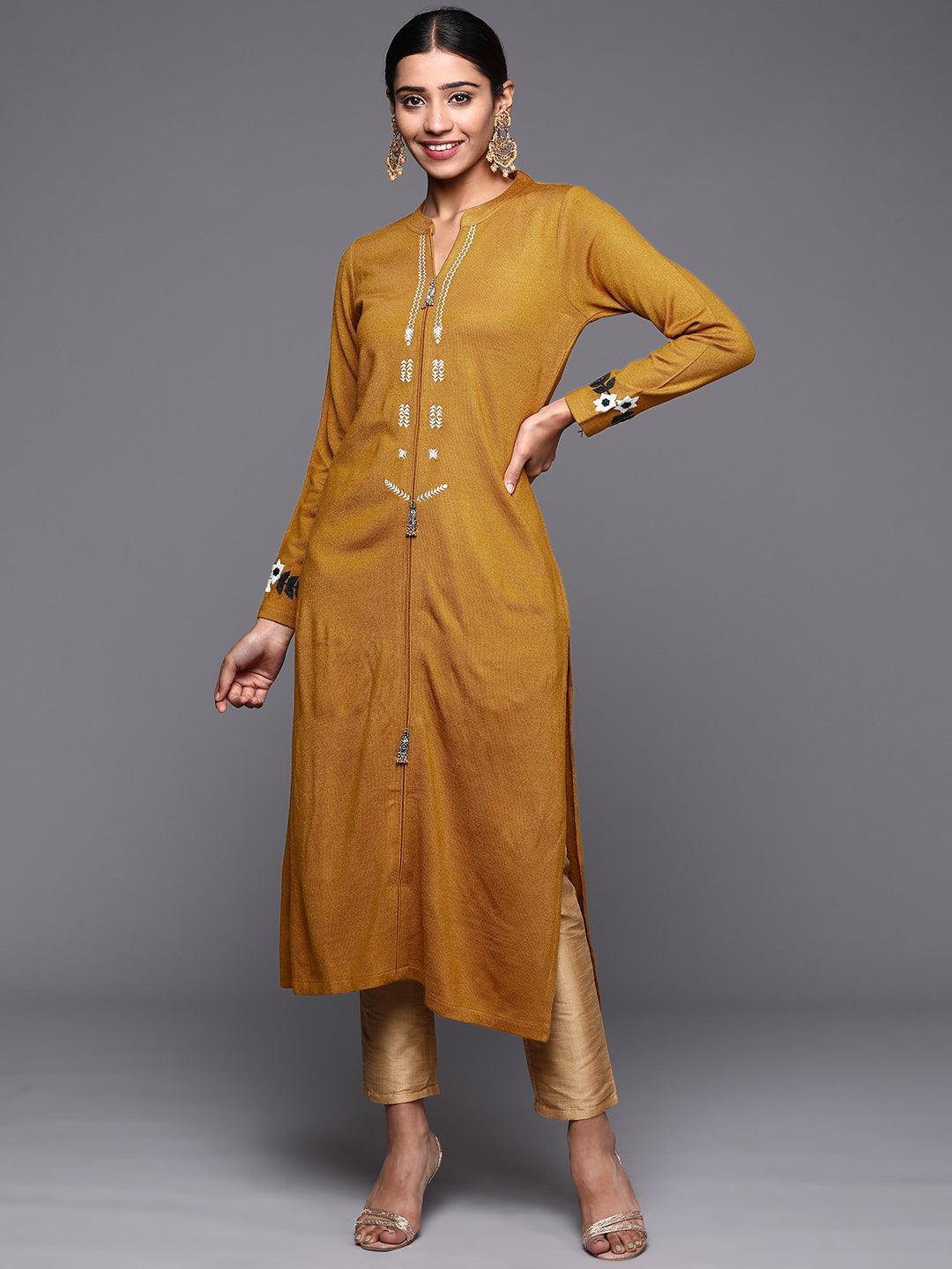 Mustard Embroidered Wool Straight Kurta