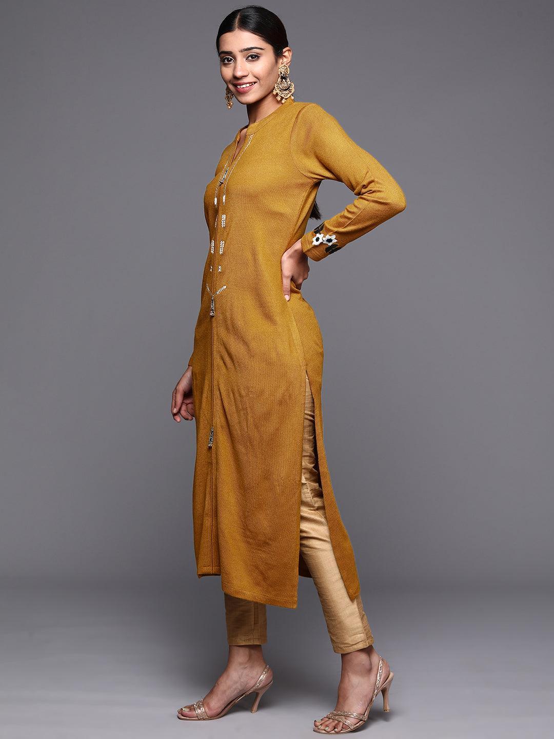 Mustard Embroidered Wool Straight Kurta