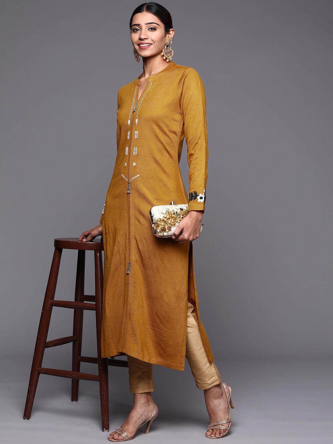 Mustard Embroidered Wool Straight Kurta