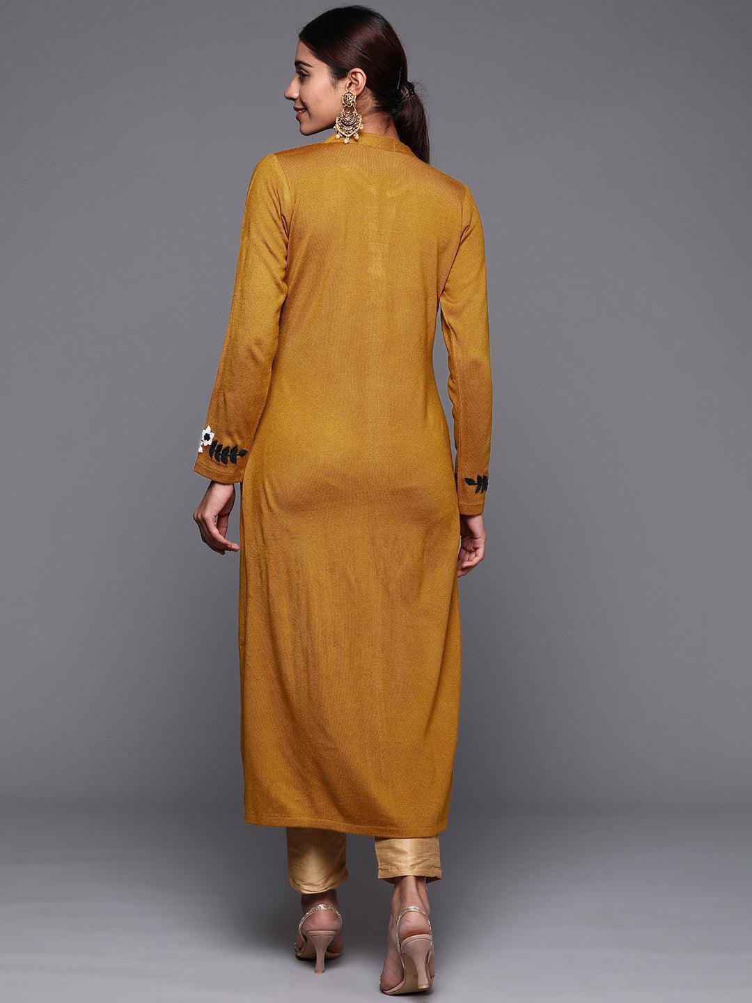 Mustard Embroidered Wool Straight Kurta