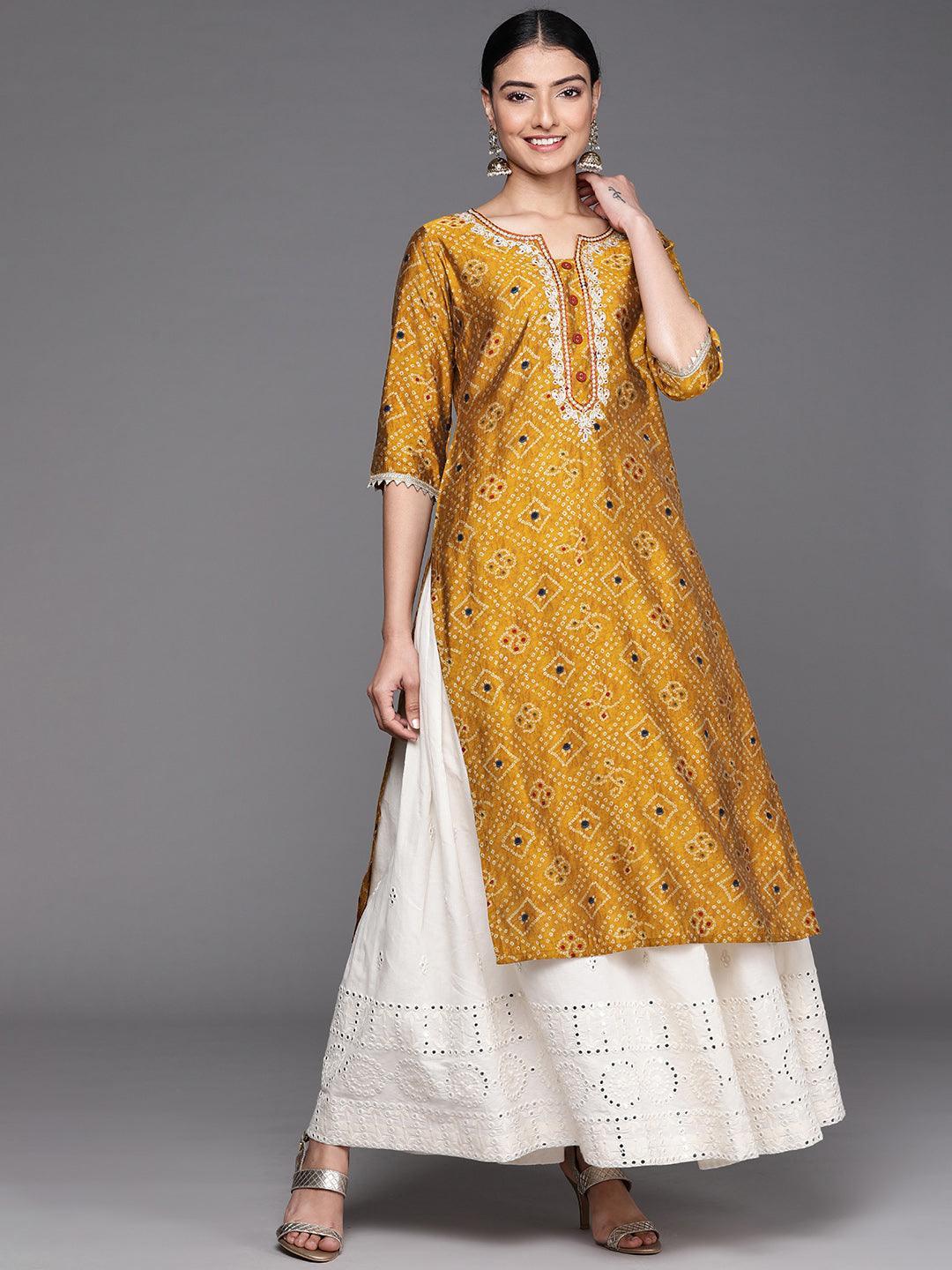 Mustard Printed Chanderi Silk Kurta