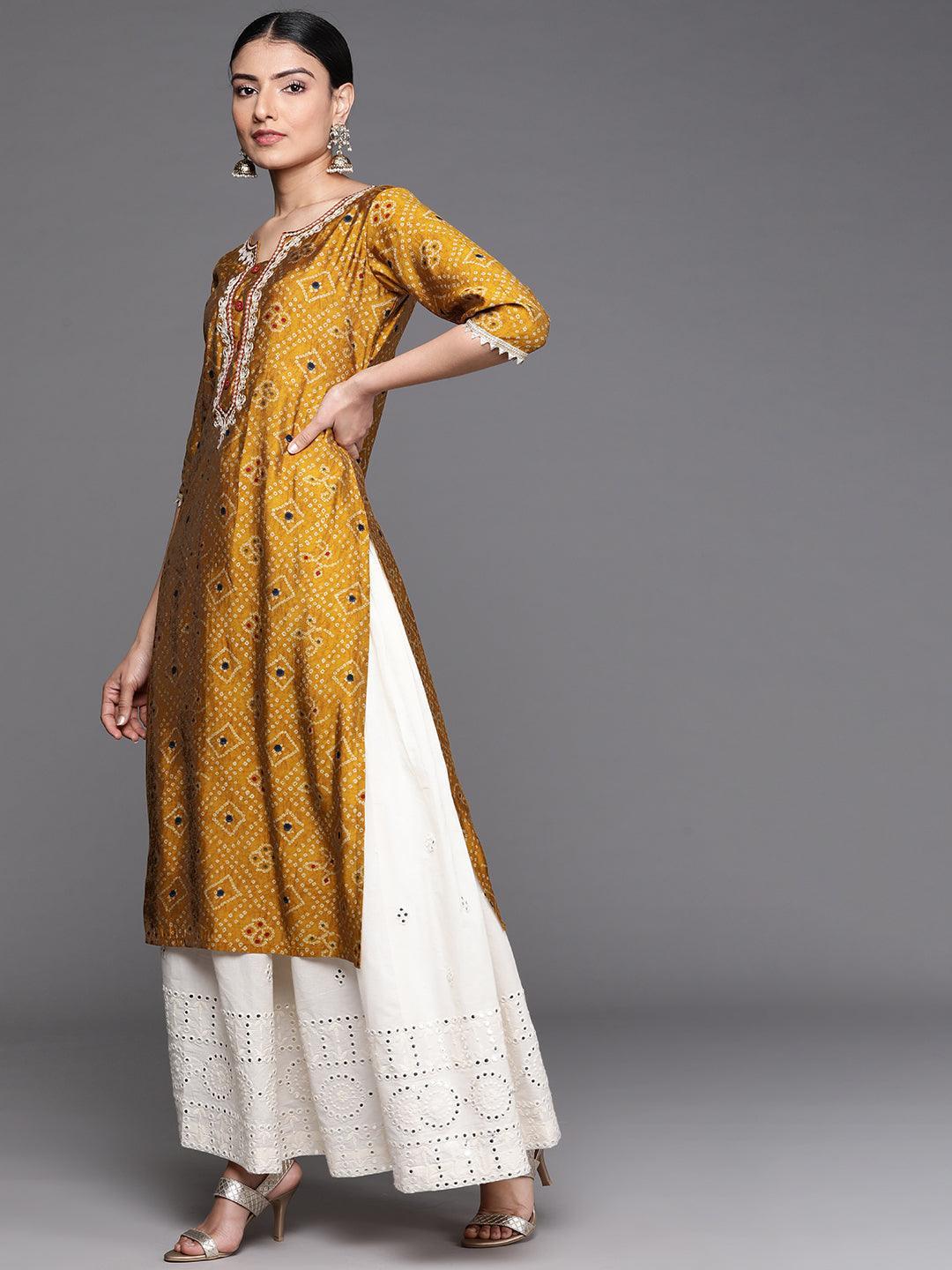 Mustard Printed Chanderi Silk Kurta