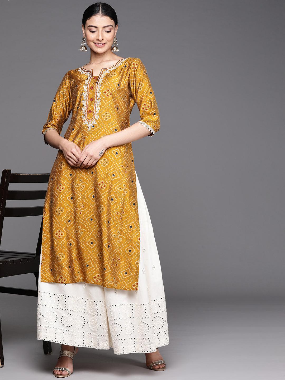 Mustard Printed Chanderi Silk Kurta