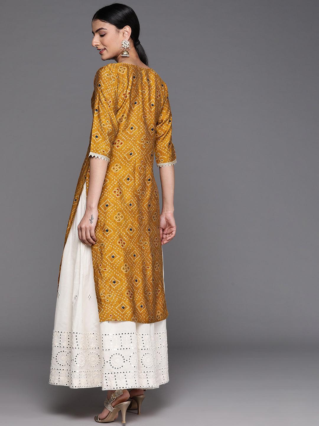 Mustard Printed Chanderi Silk Kurta