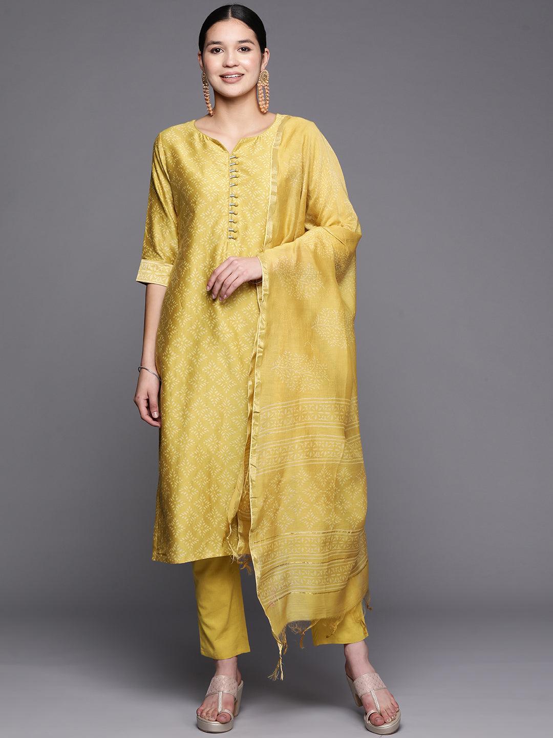 Mustard Printed Chanderi Silk Straight Suit Set With Trousers - ShopLibas