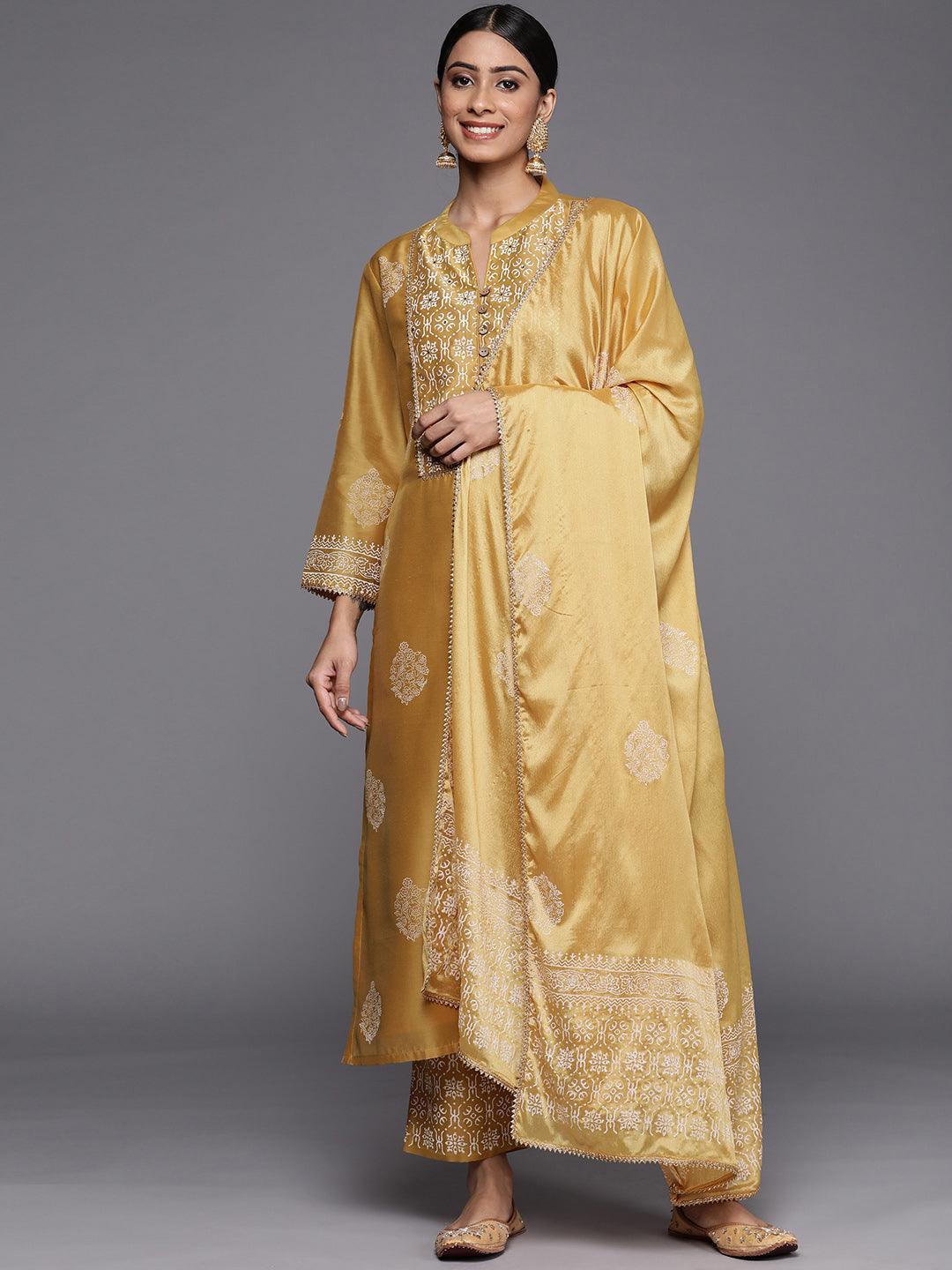 Mustard Printed Chanderi Silk Straight Suit Set - ShopLibas