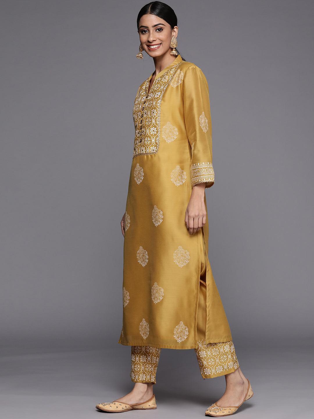 Mustard Printed Chanderi Silk Straight Suit Set