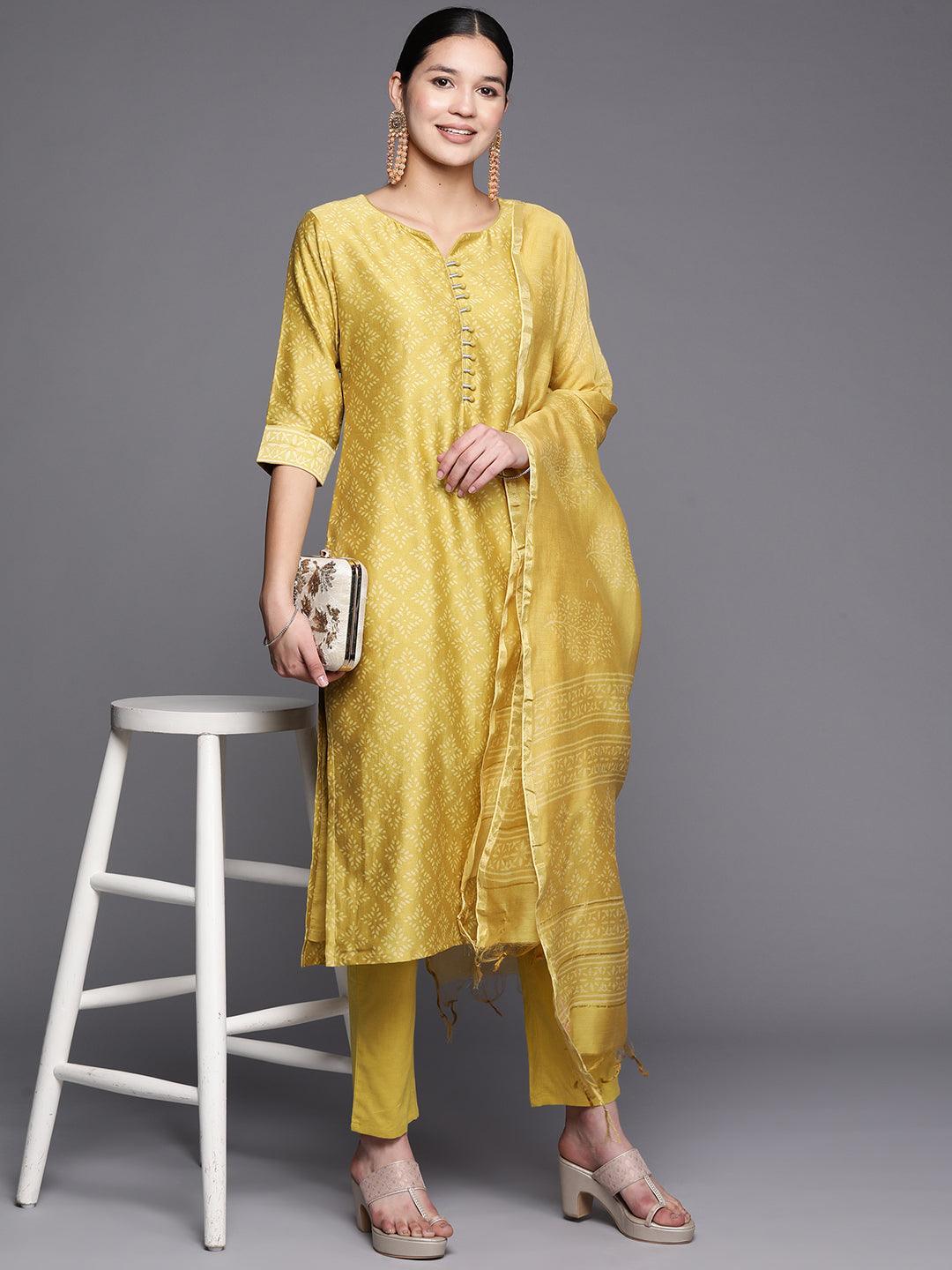 Mustard Printed Chanderi Silk Straight Suit Set With Trousers - ShopLibas