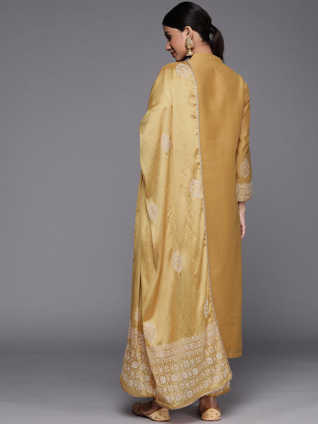 Mustard Printed Chanderi Silk Straight Suit Set