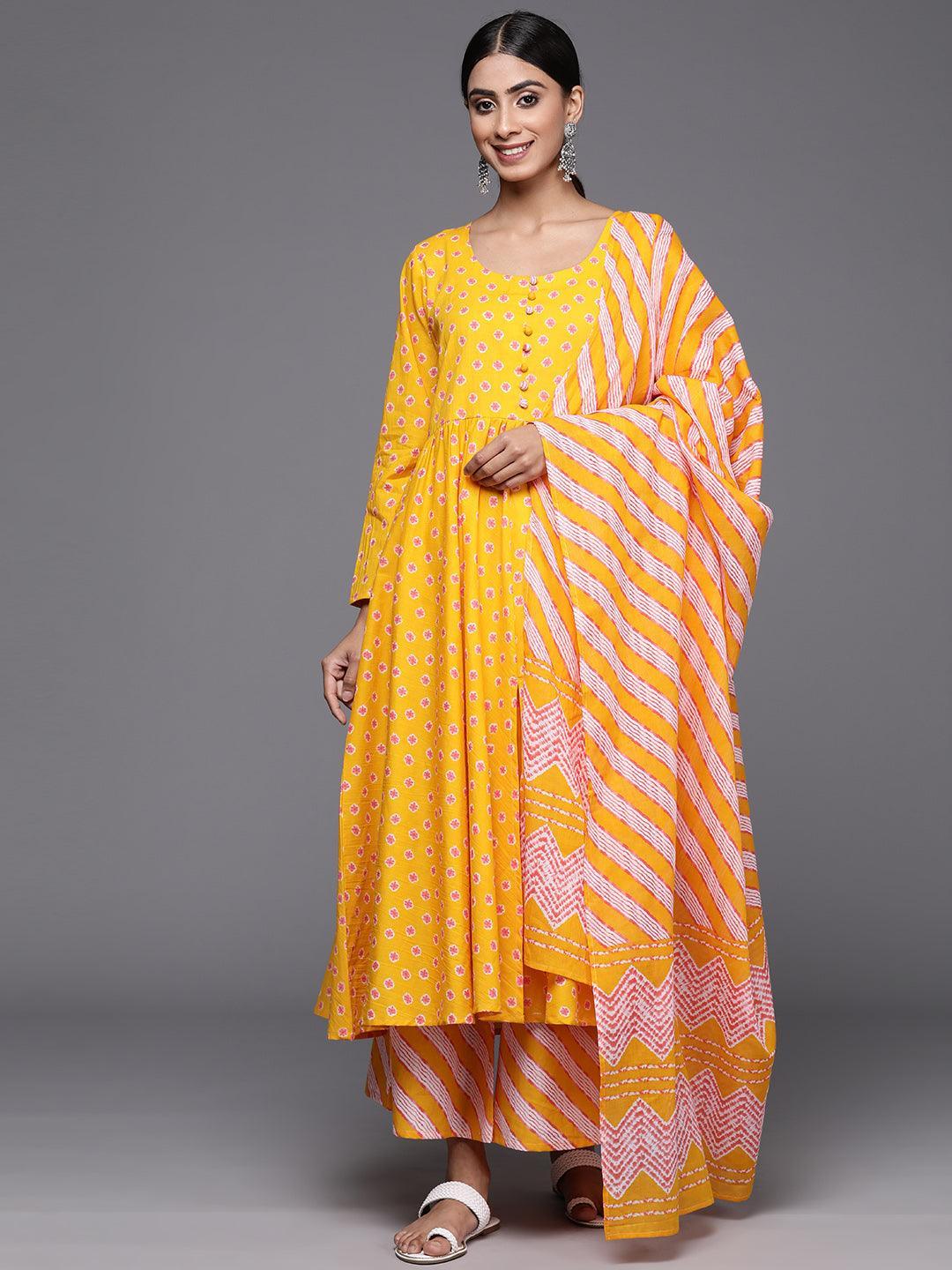 Mustard Printed Cotton A-Line Kurta With Palazzos & Dupatta