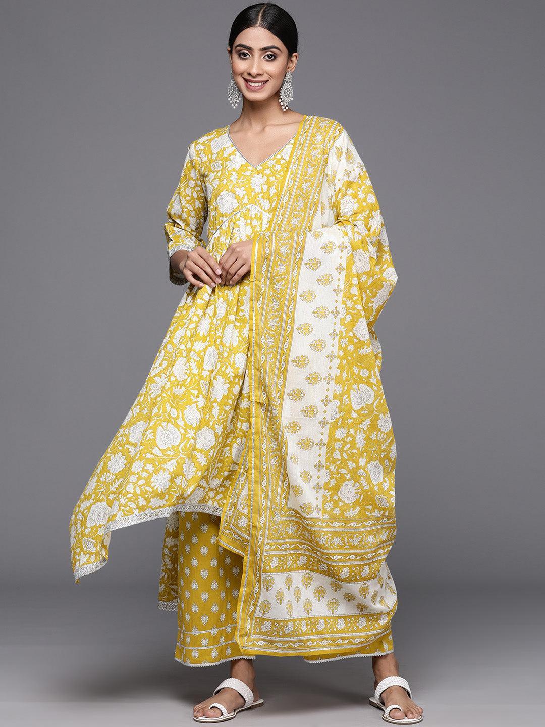 Mustard Printed Cotton A-Line Kurta With Palazzos & Dupatta