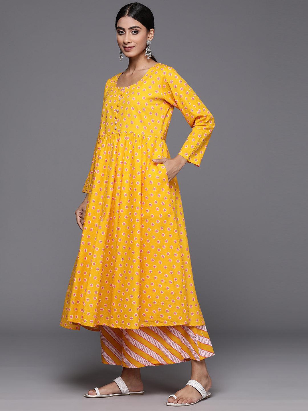 Mustard Printed Cotton A-Line Kurta With Palazzos & Dupatta