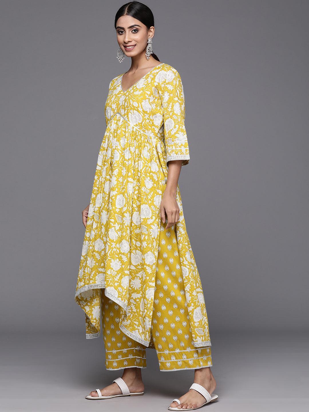 Mustard Printed Cotton A-Line Kurta With Palazzos & Dupatta