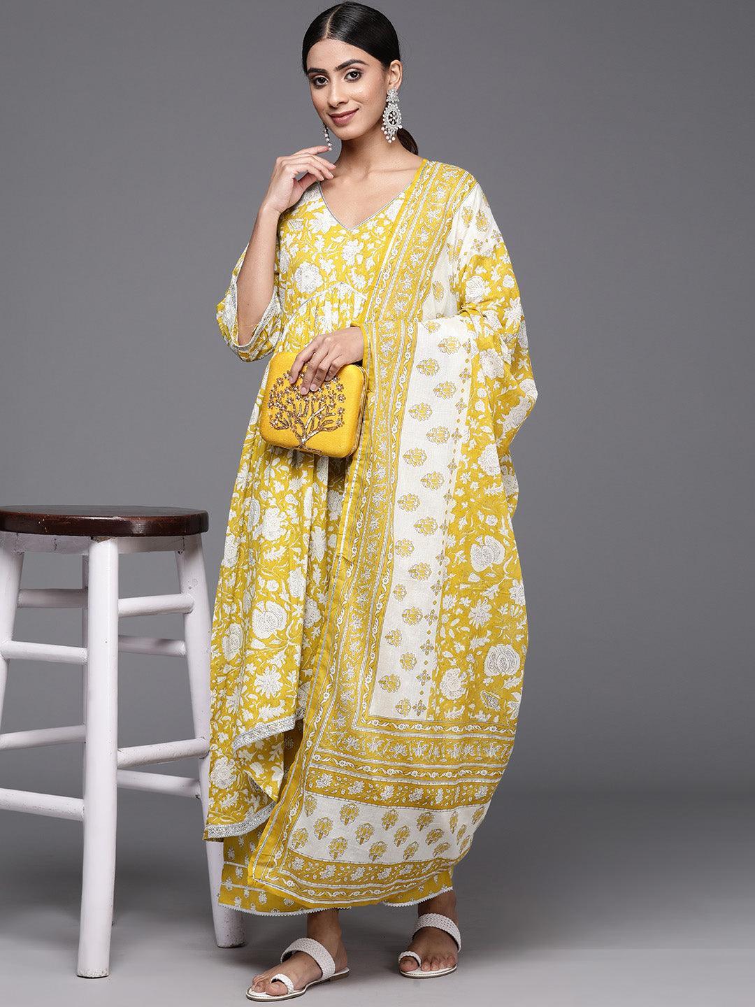 Mustard Printed Cotton A-Line Kurta With Palazzos & Dupatta