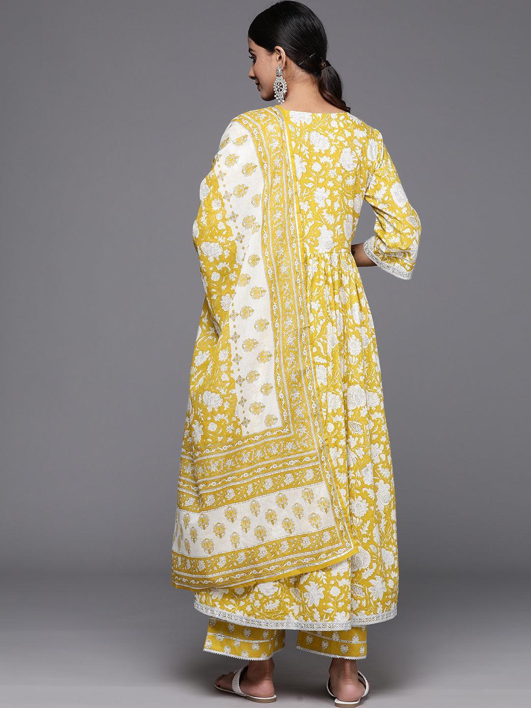 Mustard Printed Cotton A-Line Kurta With Palazzos & Dupatta