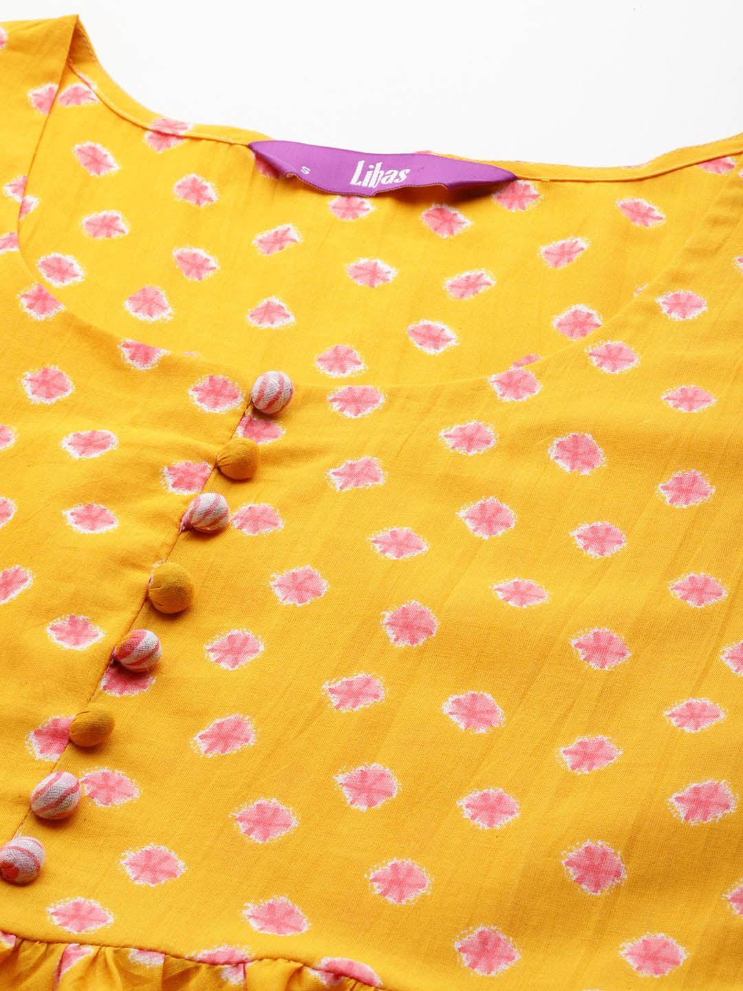 Mustard Printed Cotton A-Line Kurta With Palazzos & Dupatta