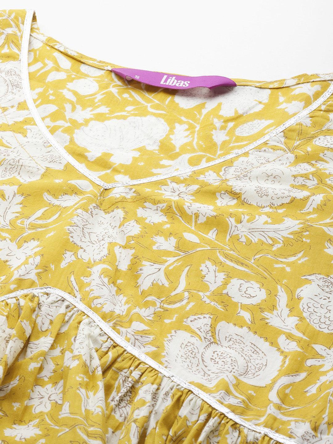 Mustard Printed Cotton A-Line Kurta With Palazzos & Dupatta