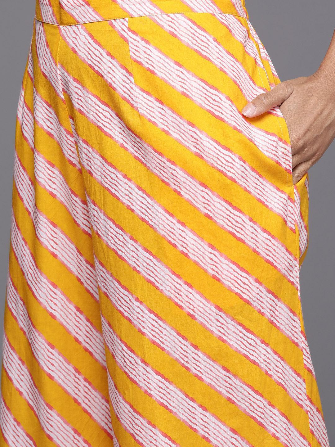 Mustard Printed Cotton A-Line Kurta With Palazzos & Dupatta