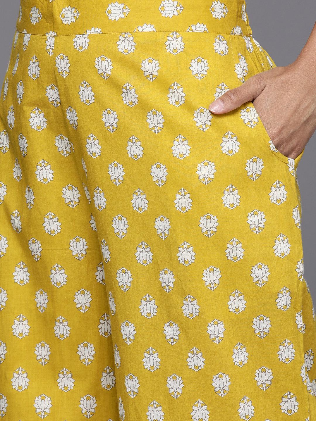 Mustard Printed Cotton A-Line Kurta With Palazzos & Dupatta