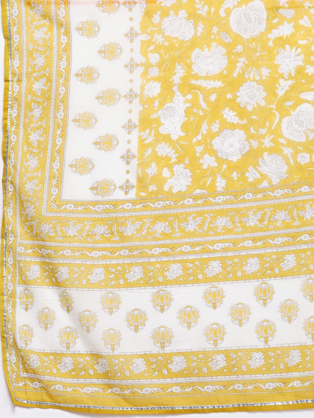 Mustard Printed Cotton A-Line Kurta With Palazzos & Dupatta