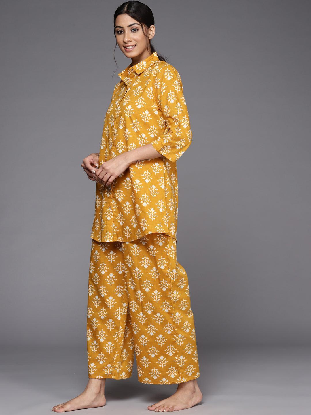 Mustard Printed Cotton Night Suit