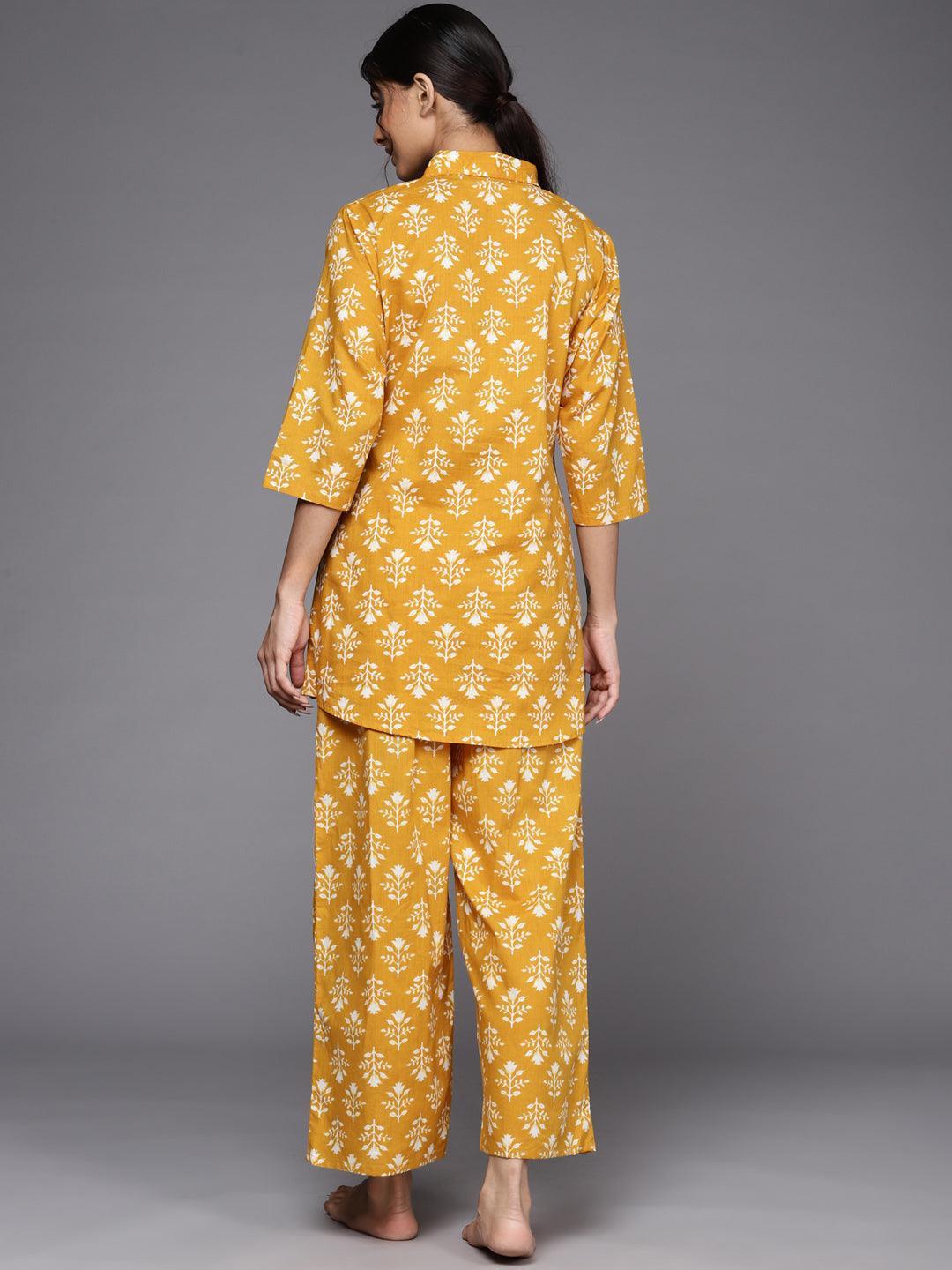 Mustard Printed Cotton Night Suit