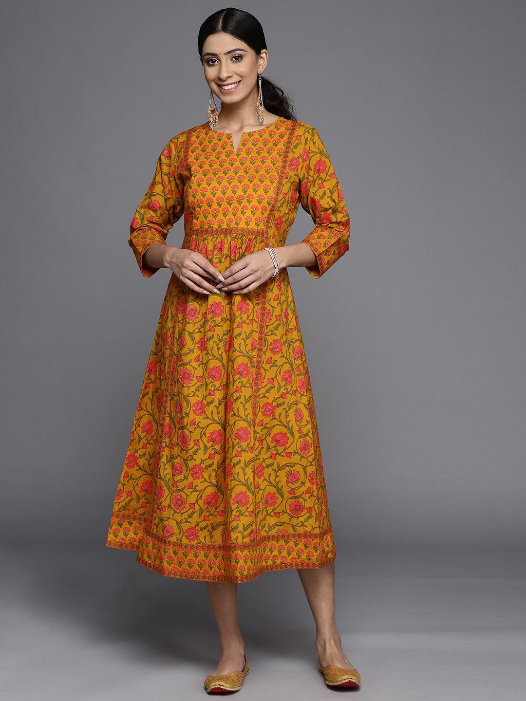 Mustard Printed Cotton Dress