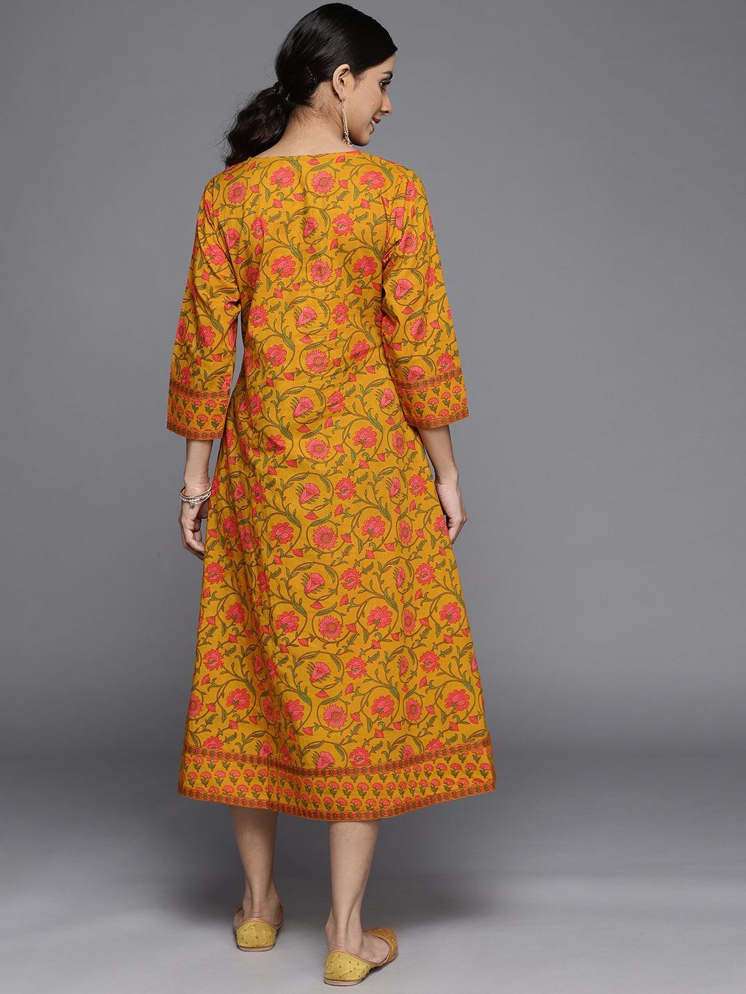 Mustard Printed Cotton Dress - ShopLibas