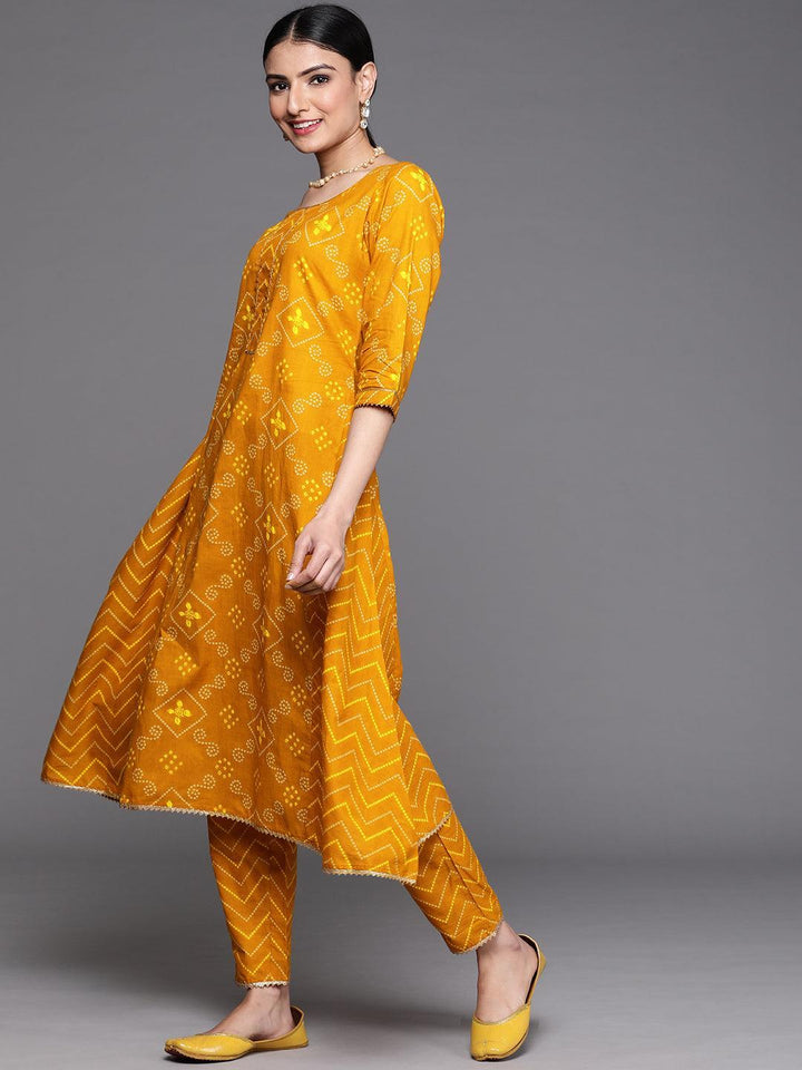 Mustard Printed Cotton Kurta - Libas