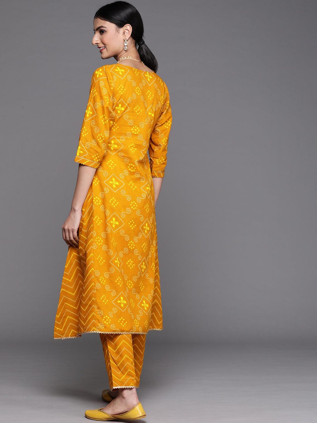 Mustard Printed Cotton Kurta - Libas