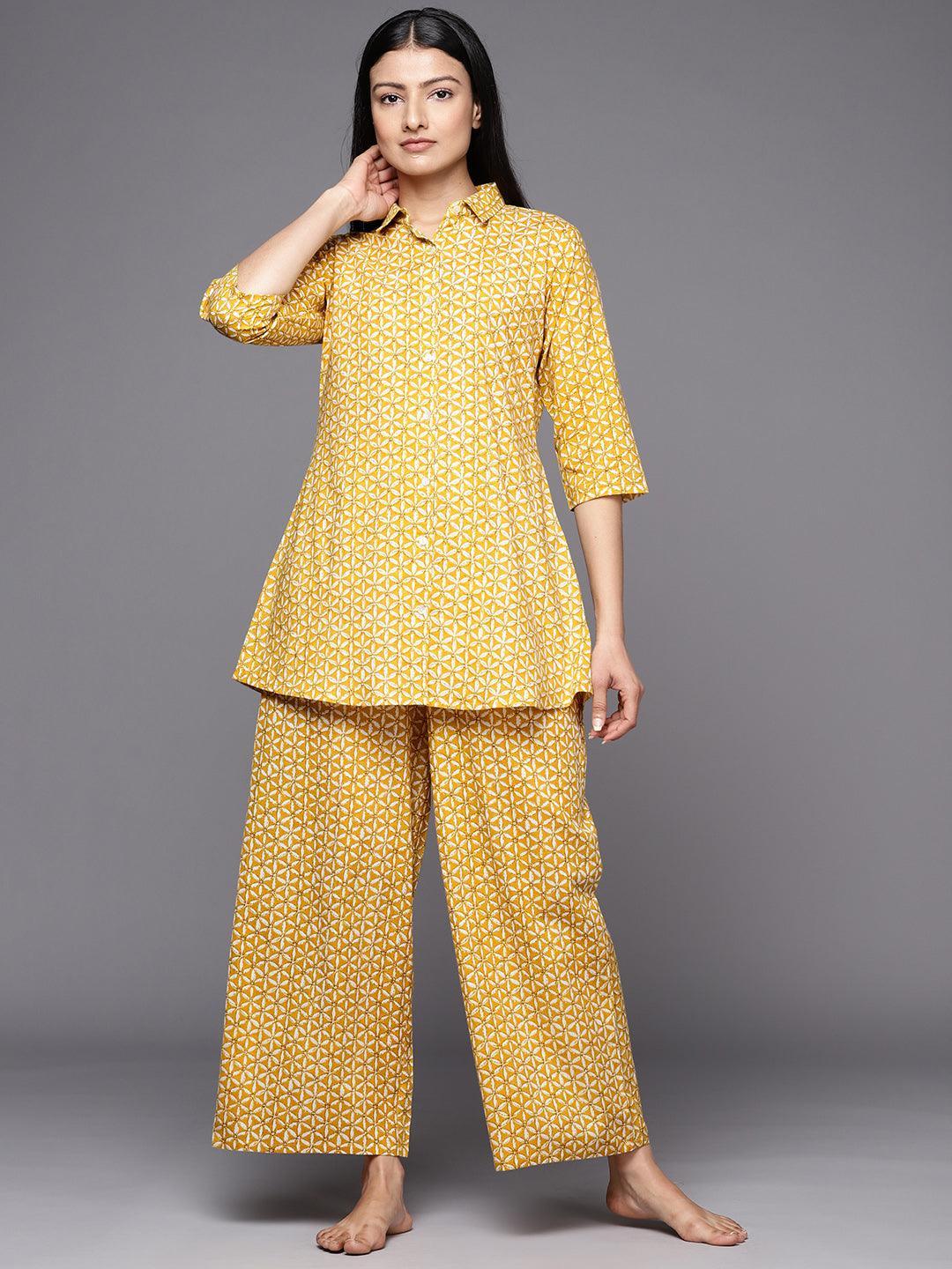 Mustard Printed Cotton Night Suit